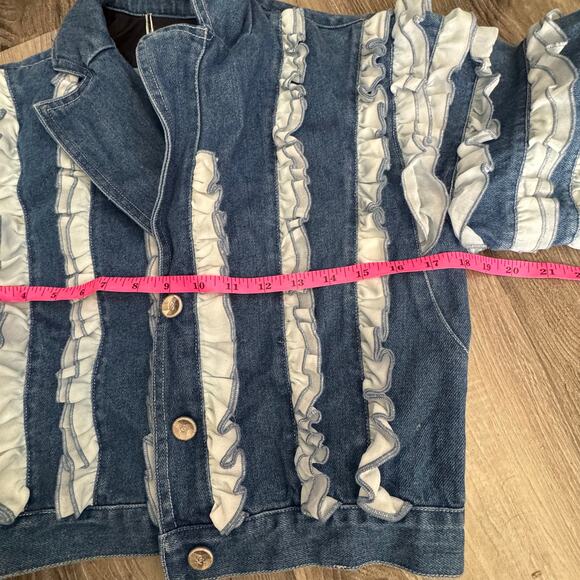 Cropped Ruffle Sleeve Denim Jacket Made Italy Parisian Couture Chic 36 - Picture 4 of 13